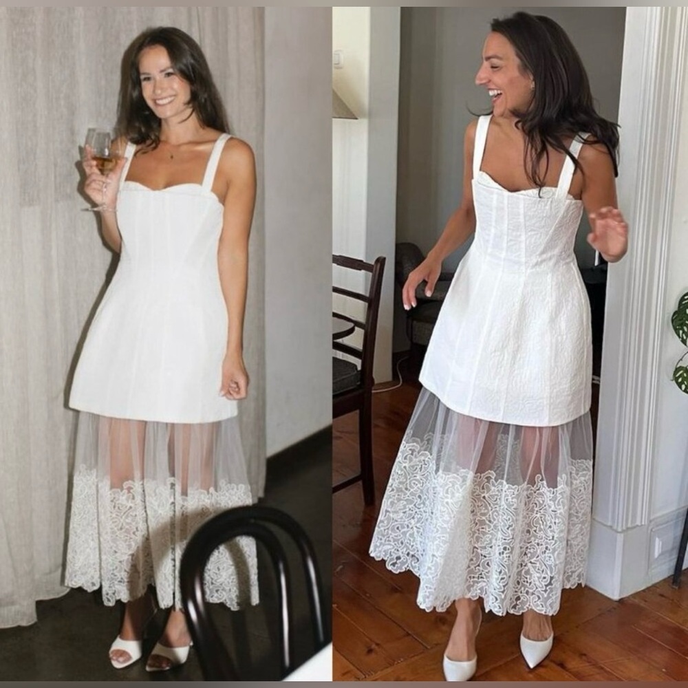 NWT Simkhai Callan Ivory Bustier Jacquard Lace Dress Removable Tulle Hem Sz 12 - Picture 4 of 9